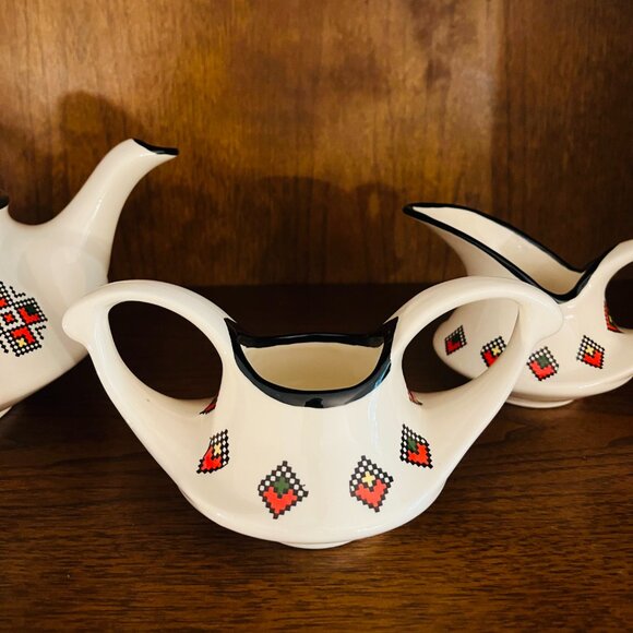 Vintage Cross Stich Pattern Porcelain 3 Piece Tea Set Genie Bottle Design - Picture 4 of 11